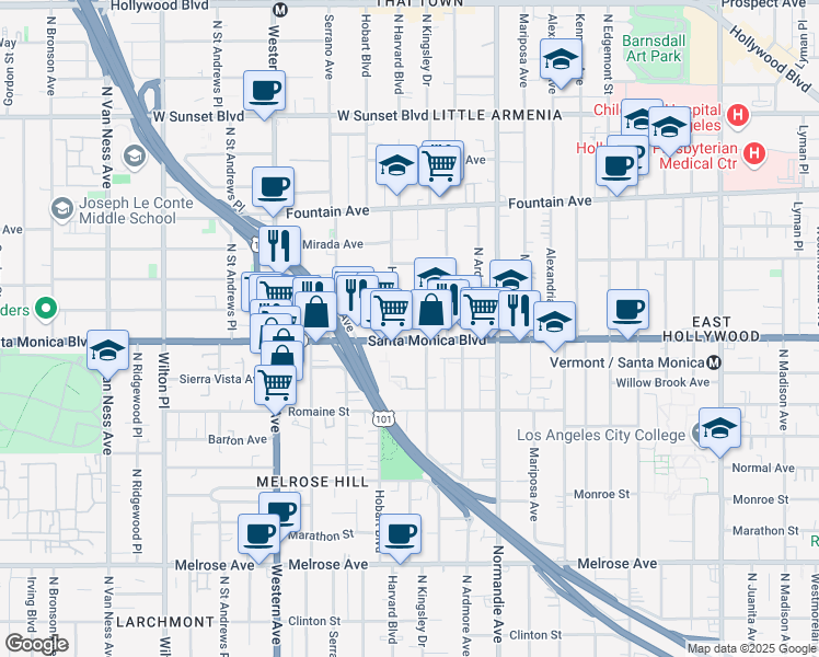 map of restaurants, bars, coffee shops, grocery stores, and more near 5245 Santa Monica Boulevard in Los Angeles