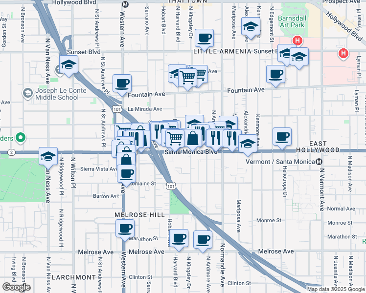 map of restaurants, bars, coffee shops, grocery stores, and more near 5245 Santa Monica Boulevard in Los Angeles