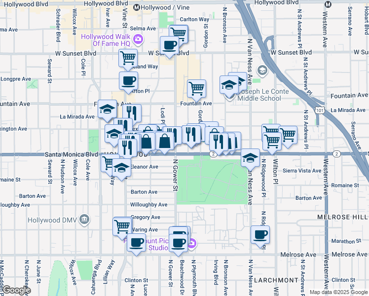 map of restaurants, bars, coffee shops, grocery stores, and more near 6044 Santa Monica Boulevard in Los Angeles