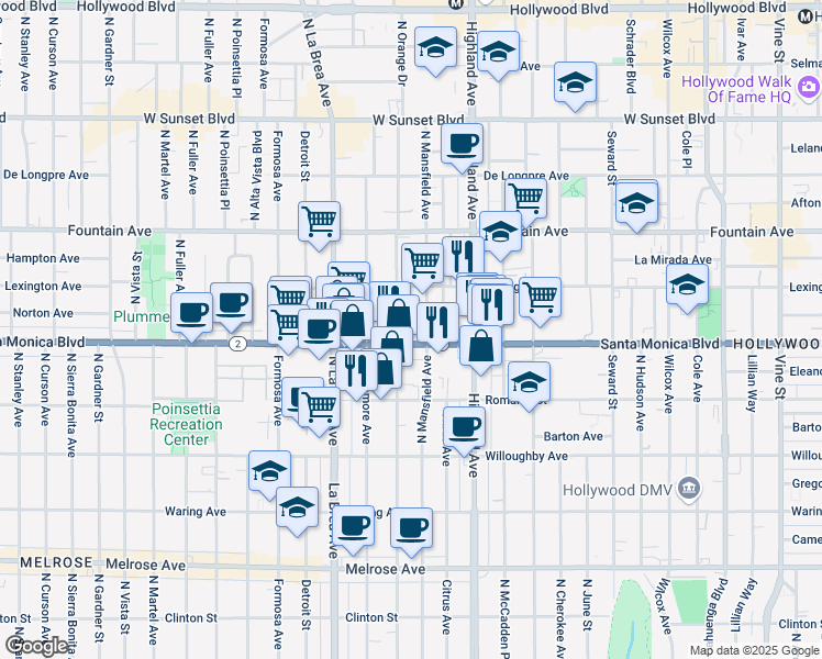 map of restaurants, bars, coffee shops, grocery stores, and more near 6914 California 2 in Los Angeles