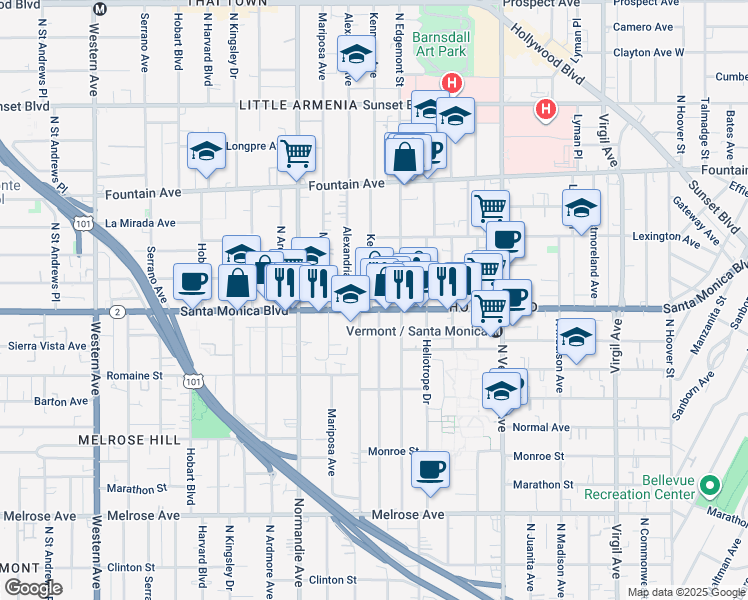 map of restaurants, bars, coffee shops, grocery stores, and more near 1108 North Kenmore Avenue in Los Angeles