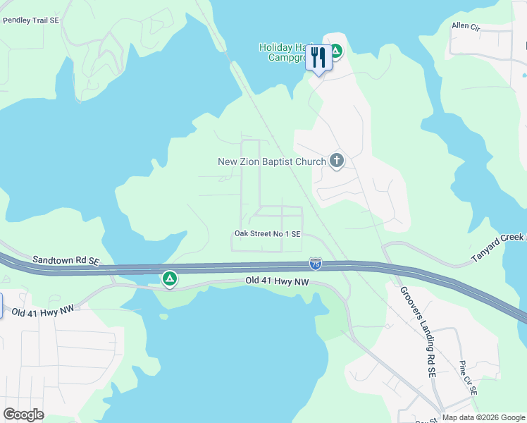 map of restaurants, bars, coffee shops, grocery stores, and more near 447 Oak Street No 1 Southeast in Acworth