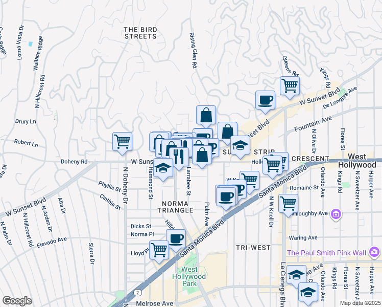 map of restaurants, bars, coffee shops, grocery stores, and more near in West Hollywood