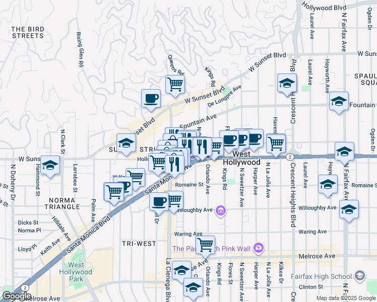 map of restaurants, bars, coffee shops, grocery stores, and more near 1110 Hacienda Place in West Hollywood