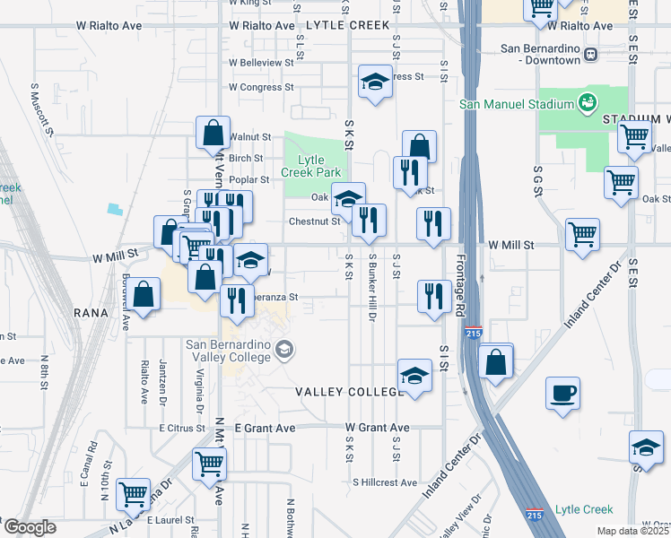map of restaurants, bars, coffee shops, grocery stores, and more near 1153 Huff Street West in San Bernardino