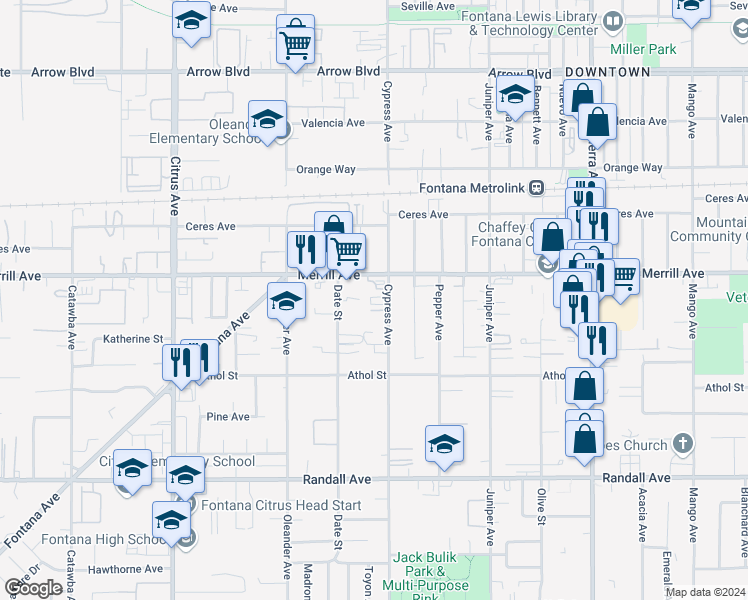 map of restaurants, bars, coffee shops, grocery stores, and more near 8982 Cypress Avenue in Fontana