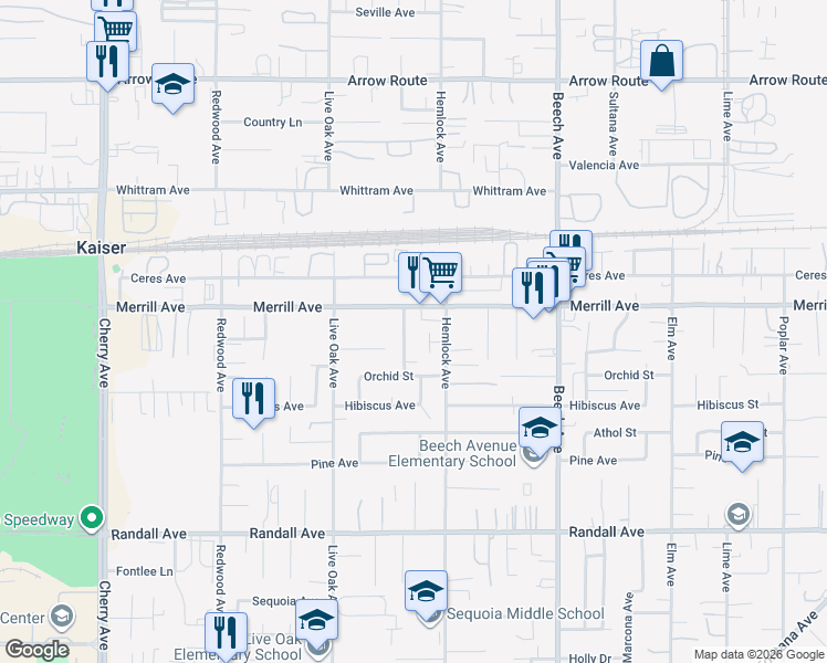 map of restaurants, bars, coffee shops, grocery stores, and more near 8983 Robinia Street in Fontana