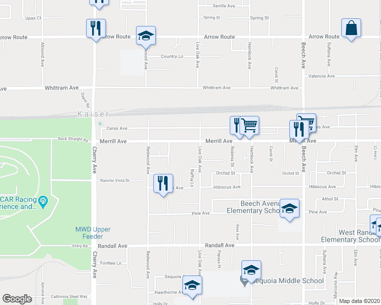 map of restaurants, bars, coffee shops, grocery stores, and more near 14890 Bamboo Court in Fontana