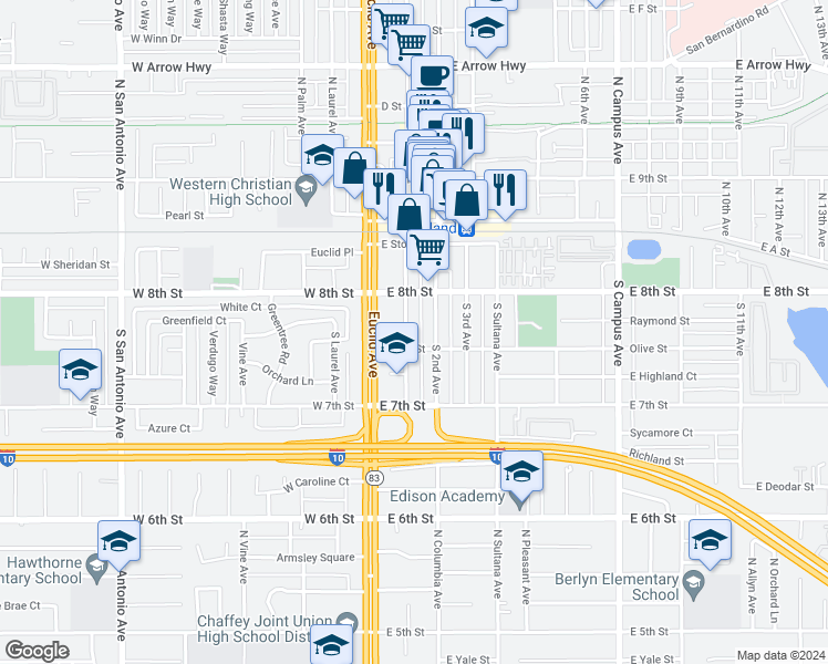 map of restaurants, bars, coffee shops, grocery stores, and more near 116 Olive Street in Upland