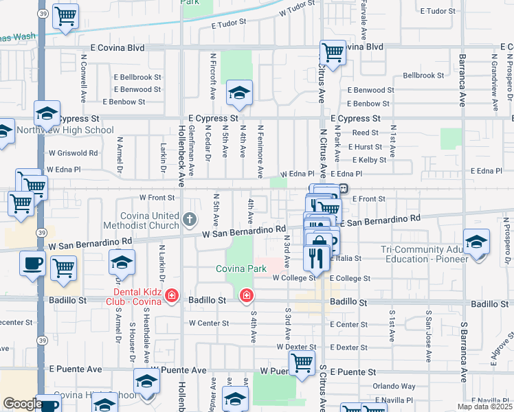 map of restaurants, bars, coffee shops, grocery stores, and more near 254 West Hampton Court in Covina