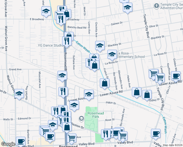 map of restaurants, bars, coffee shops, grocery stores, and more near 4956 Sereno Drive in Temple City