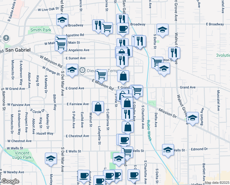 map of restaurants, bars, coffee shops, grocery stores, and more near 928 South Pine Street in San Gabriel