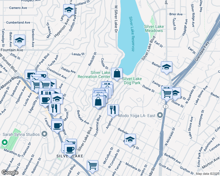 map of restaurants, bars, coffee shops, grocery stores, and more near 1753 Silver Lake Boulevard in Los Angeles