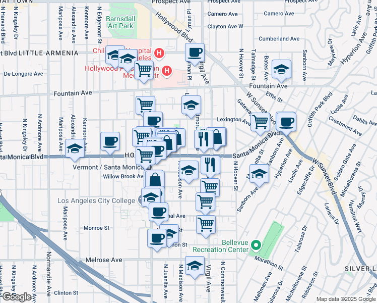 map of restaurants, bars, coffee shops, grocery stores, and more near 4574 Santa Monica Boulevard in Los Angeles