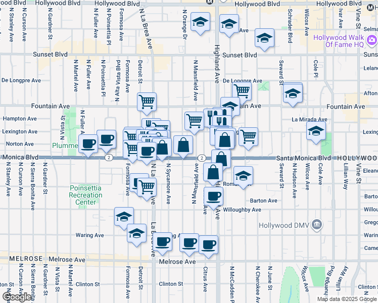 map of restaurants, bars, coffee shops, grocery stores, and more near 6914 California 2 in Los Angeles