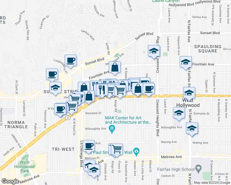 map of restaurants, bars, coffee shops, grocery stores, and more near 8350 Santa Monica Boulevard in West Hollywood