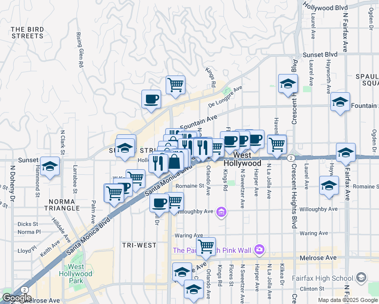 map of restaurants, bars, coffee shops, grocery stores, and more near 8442 Santa Monica Boulevard in West Hollywood