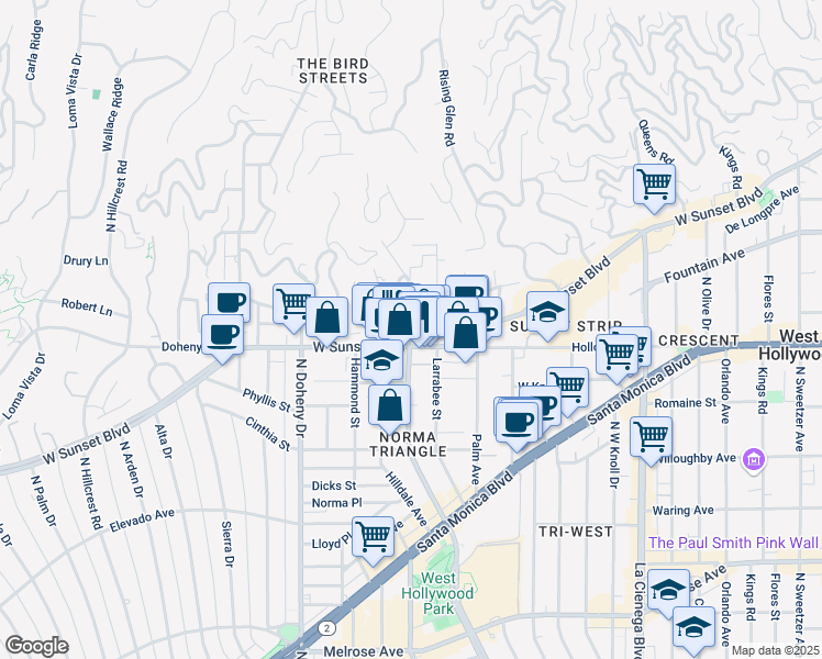 map of restaurants, bars, coffee shops, grocery stores, and more near in West Hollywood