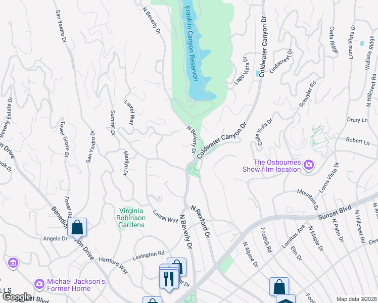 map of restaurants, bars, coffee shops, grocery stores, and more near 1021 North Beverly Drive in Beverly Hills