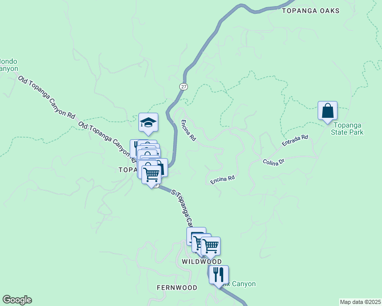 map of restaurants, bars, coffee shops, grocery stores, and more near 172 Muerdago Road in Topanga