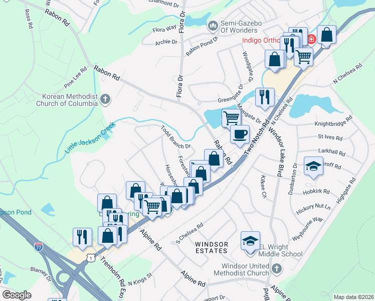 map of restaurants, bars, coffee shops, grocery stores, and more near 110 Todd Branch Drive in Columbia