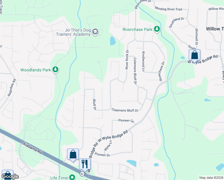 map of restaurants, bars, coffee shops, grocery stores, and more near 801 Bluff Place in Woodstock