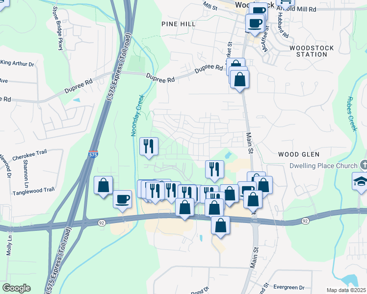 map of restaurants, bars, coffee shops, grocery stores, and more near 1006 Fendley Street in Woodstock
