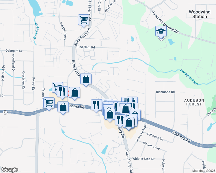 map of restaurants, bars, coffee shops, grocery stores, and more near 5742 Bells Ferry Road in Acworth