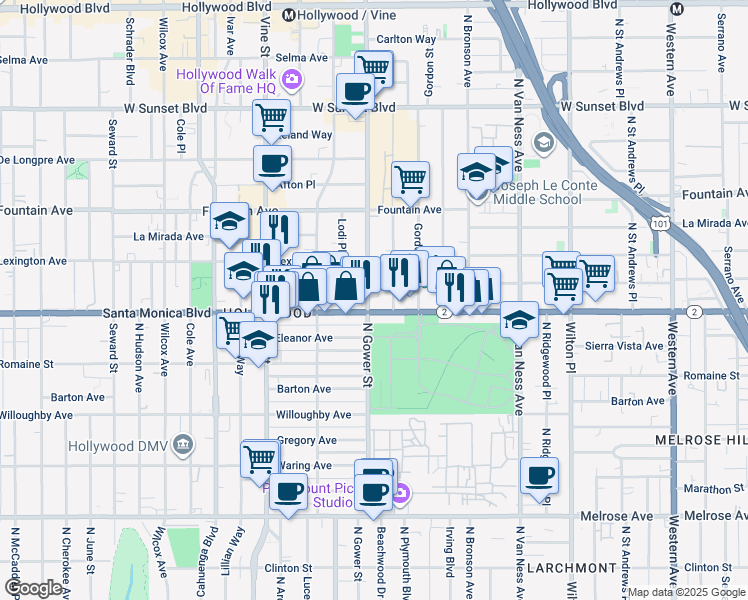 map of restaurants, bars, coffee shops, grocery stores, and more near 6044 Santa Monica Boulevard in Los Angeles
