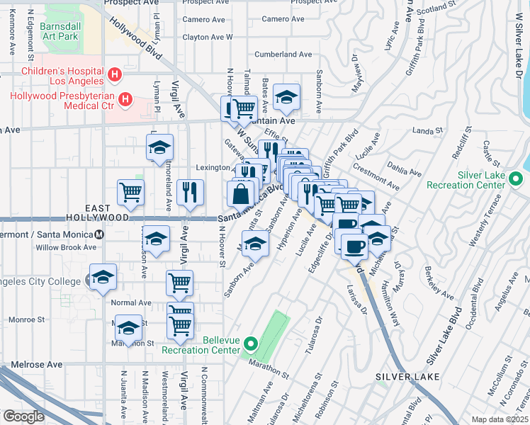 map of restaurants, bars, coffee shops, grocery stores, and more near 1024 Manzanita Street in Los Angeles