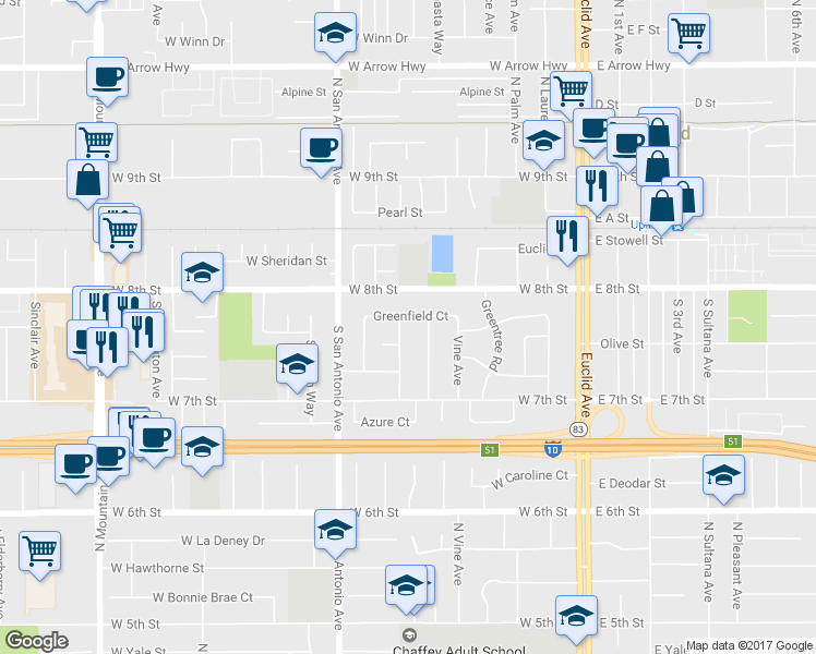 map of restaurants, bars, coffee shops, grocery stores, and more near 266 South Van Ness Avenue in Upland
