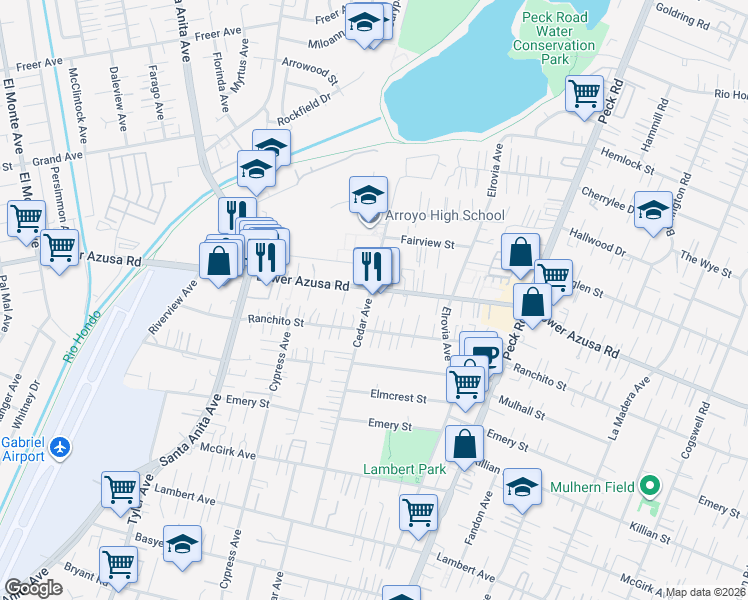 map of restaurants, bars, coffee shops, grocery stores, and more near 11306 Lower Azusa Road in El Monte