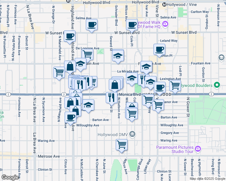 map of restaurants, bars, coffee shops, grocery stores, and more near 6600 Santa Monica Boulevard in Los Angeles