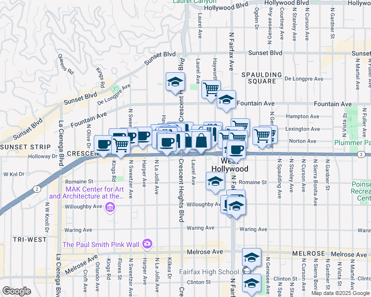 map of restaurants, bars, coffee shops, grocery stores, and more near in West Hollywood