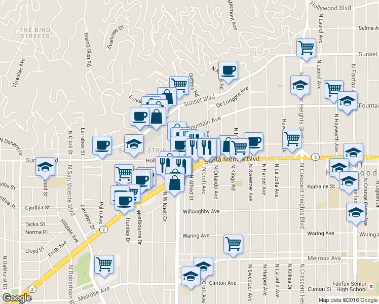 map of restaurants, bars, coffee shops, grocery stores, and more near 8442 Santa Monica Boulevard in West Hollywood
