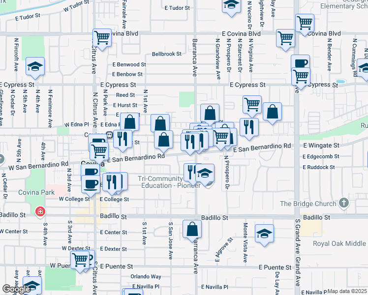 map of restaurants, bars, coffee shops, grocery stores, and more near 456 East San Bernardino Road in Covina