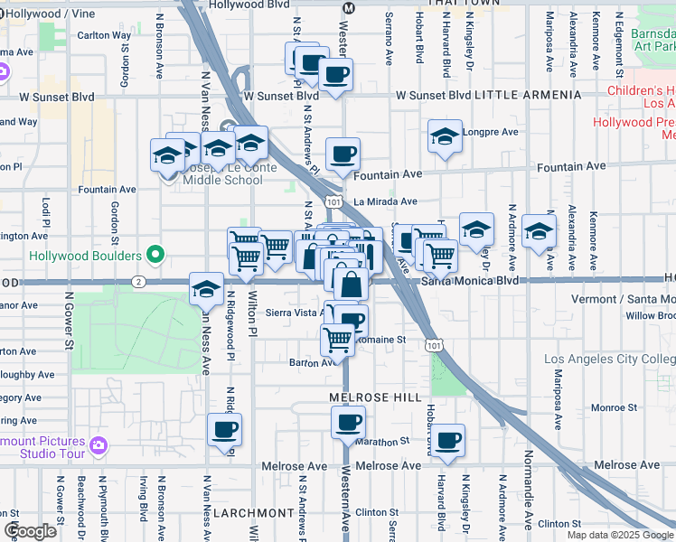 map of restaurants, bars, coffee shops, grocery stores, and more near in Los Angeles