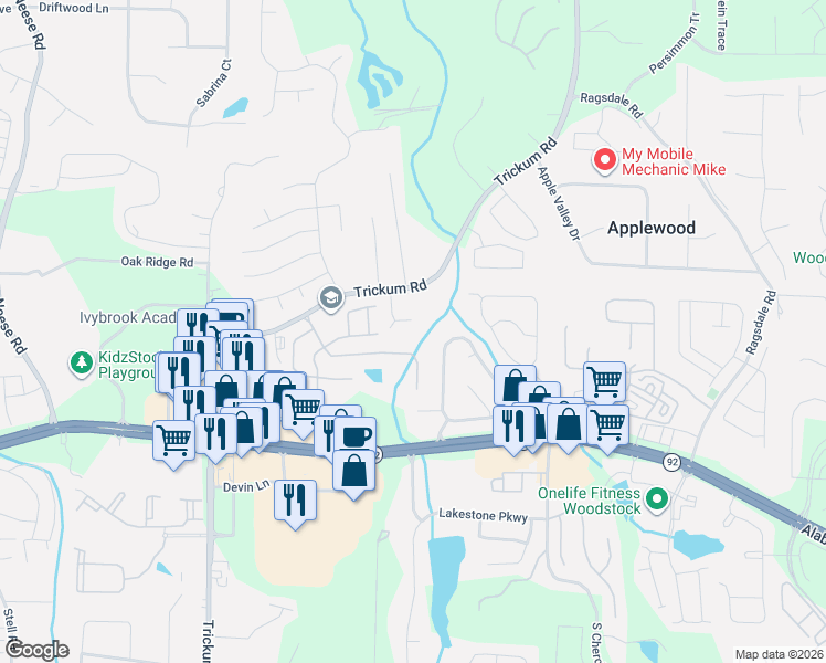 map of restaurants, bars, coffee shops, grocery stores, and more near 155 Abbey Circle in Woodstock