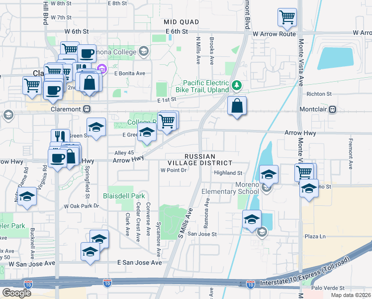 map of restaurants, bars, coffee shops, grocery stores, and more near 429 Cucamonga Avenue in Claremont