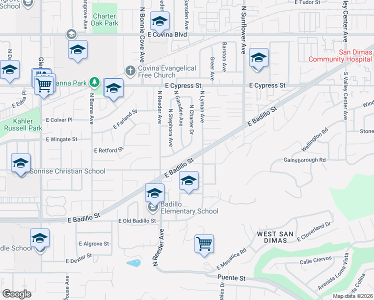 map of restaurants, bars, coffee shops, grocery stores, and more near 1833 East Ruddock Street in Covina
