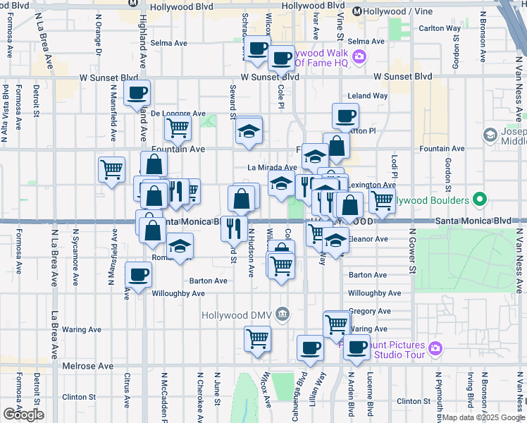 map of restaurants, bars, coffee shops, grocery stores, and more near 6511 Santa Monica Boulevard in Los Angeles