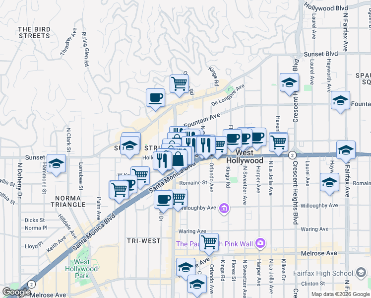 map of restaurants, bars, coffee shops, grocery stores, and more near 1115 Hacienda Place in West Hollywood