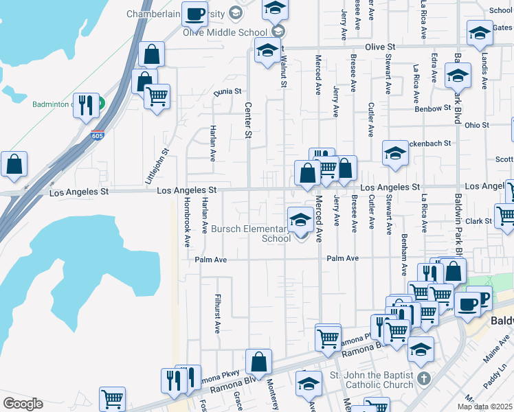 map of restaurants, bars, coffee shops, grocery stores, and more near 4324 Center Street in Baldwin Park