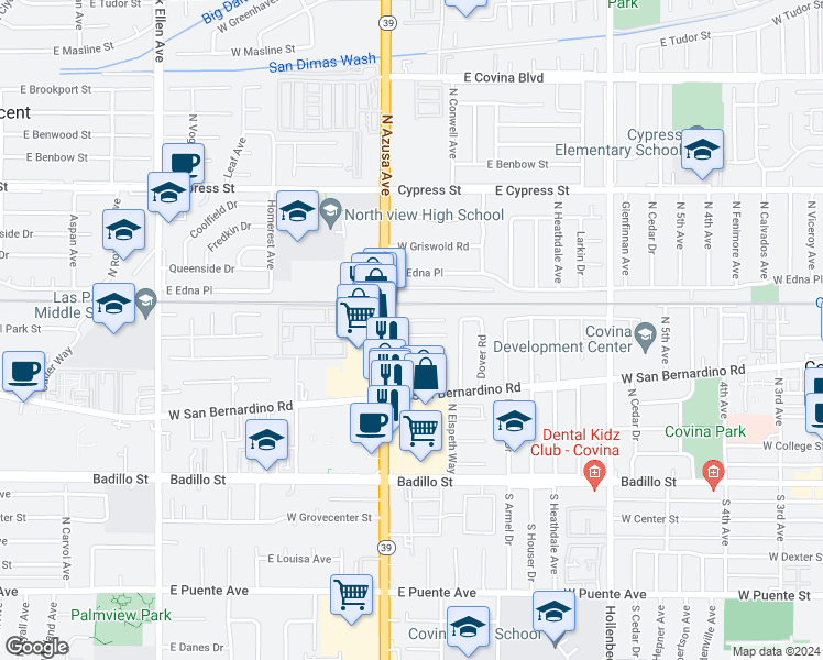 map of restaurants, bars, coffee shops, grocery stores, and more near 846 West Front Street in Covina