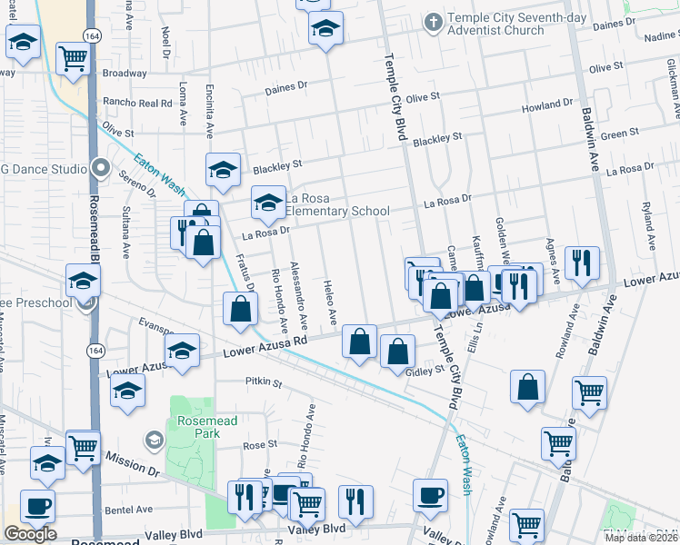 map of restaurants, bars, coffee shops, grocery stores, and more near 4922 Heleo Avenue in Temple City