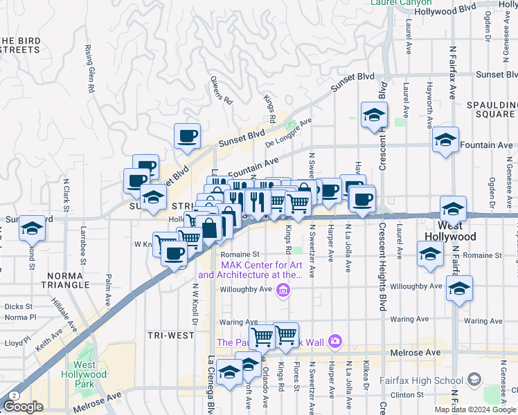 map of restaurants, bars, coffee shops, grocery stores, and more near 1112 North Olive Drive in West Hollywood