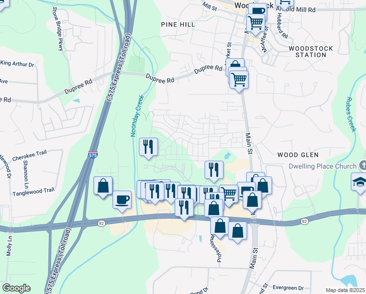 map of restaurants, bars, coffee shops, grocery stores, and more near 1006 Fendley Street in Woodstock