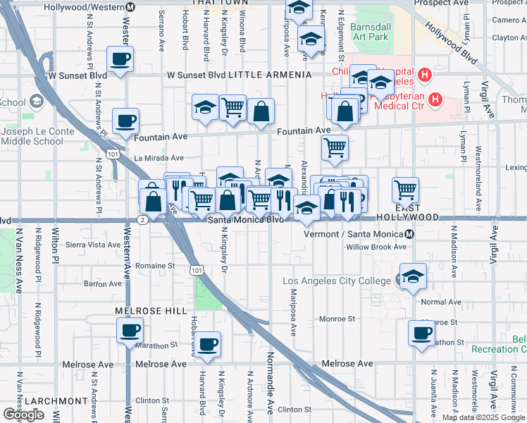 map of restaurants, bars, coffee shops, grocery stores, and more near in Los Angeles