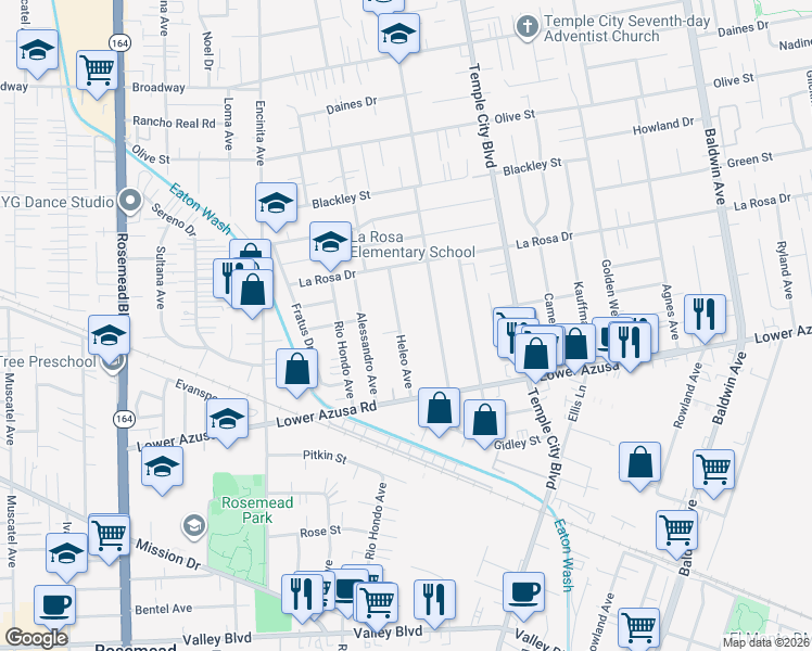 map of restaurants, bars, coffee shops, grocery stores, and more near 4922 Heleo Avenue in Temple City