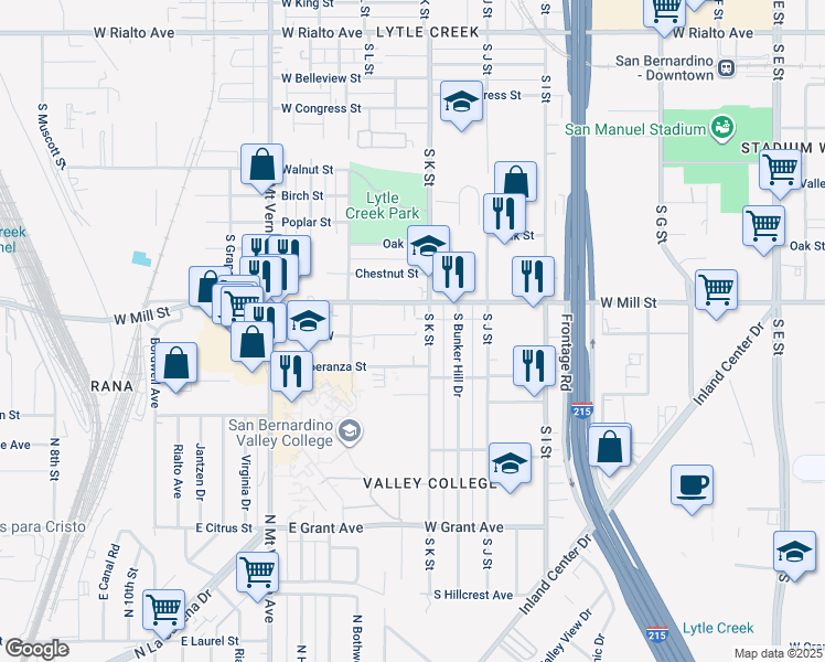 map of restaurants, bars, coffee shops, grocery stores, and more near 1153 Huff Street West in San Bernardino